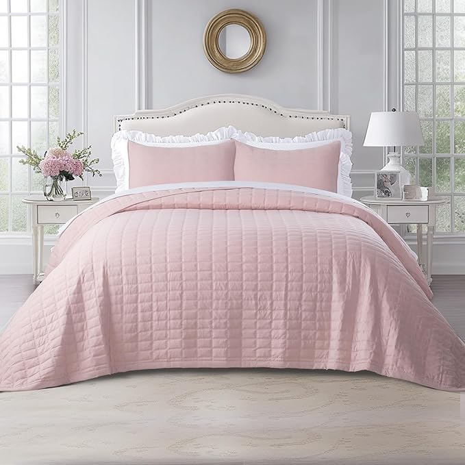 KASENTEX Oversized Queen Quilt Set 102"x106" – Soft Washed 3-Layer Lightweight Bedspread, Minimalist Nordic Design, All-Season Spring & Summer Quilt Set (1 Quilt + 2 Pillow Shams), Blush Pink