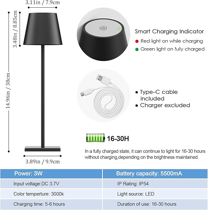 4-Pack LED Rechargeable Table Lamp, Battery Desk lamp 3W 6000mAh Battery Operated Stepless Dimming Modern Portable Table Light for Restaurant/Dinner/Bedroom/Outdoor IP54 Waterproof (Black)