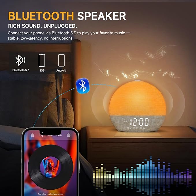 Sunrise Alarm Clock White Noise Sound Machine for Bedroom | Natural Wake-Up Light with 30 Soothing Sleep Aids, Bluetooth Speaker, Dimmable Clock, Screen-Free Design for Baby Adults Kids-Khaki