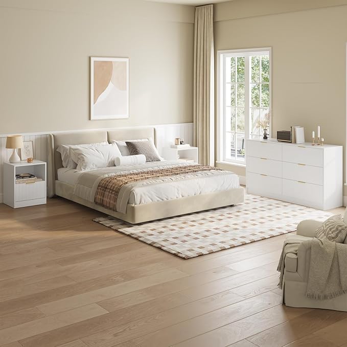 6 Drawer Dresser & Nightstand Set 3-Piece, 55” Wide Bedroom Set Night Stand Set of 2 with Metal Handle, Fluted Modern Wood Chest of Drawers Storage Dressers Set for Bedroom, White