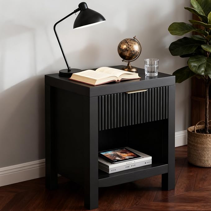 Nightstand Set of 2, Bed Side Table with Storage, Farmhouse End Table with 2 Drawers, Fluted Cabinet Bedside Cabinet for Bedroom Living Room Sofa Couch Office, Black Oak