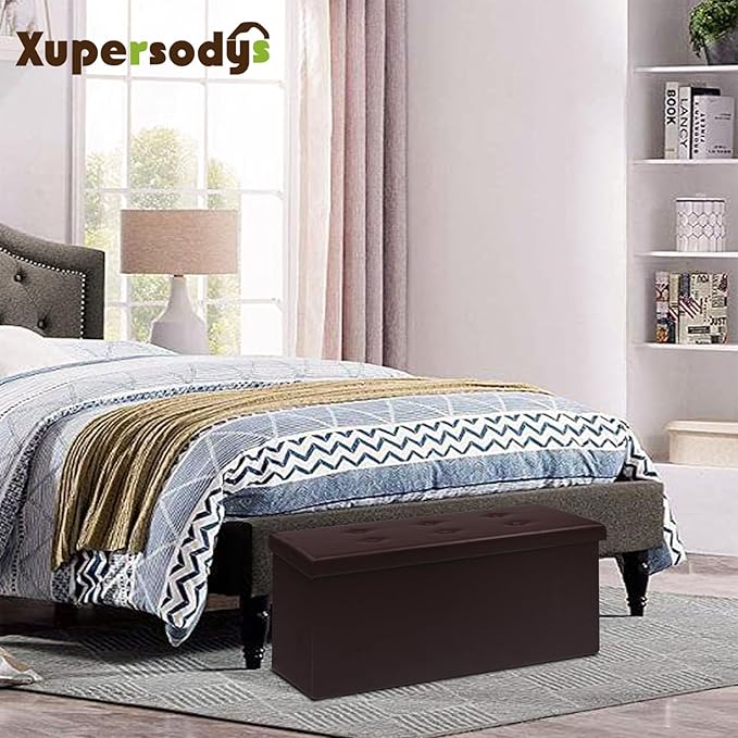 xupersodys 30 Inches Folding Storage Ottoman Bench, Faux Leather Footstool Ottoman, Storage Trunk Footrest for Bedroom, Living Room and Hallway, Support 350lbs, Brown(Brown line)