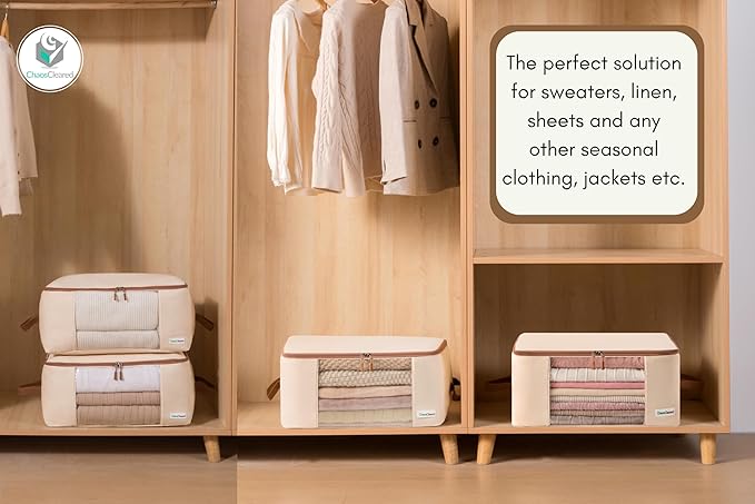 Canvas Storage Bags Designer Organizer for Comforters 2 Pack – Seasonal Storage for Pillows, Blankets, Linens & Garments – Foldable Design with Zip & Window, Moth-Proof Space Saver