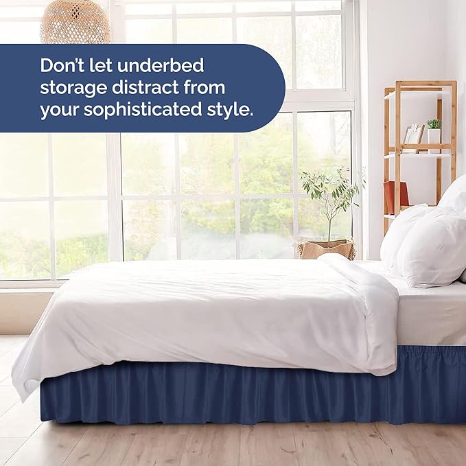 Wrap Around Dust Ruffle Bed Skirt - Navy Blue - for Queen Size Beds with 24 Inch Drop - Elastic Strap - Adjustable Pleated Bedskirt with Brushed Fabric and Wrinkle Free - for Women, Men, Kids & Teens