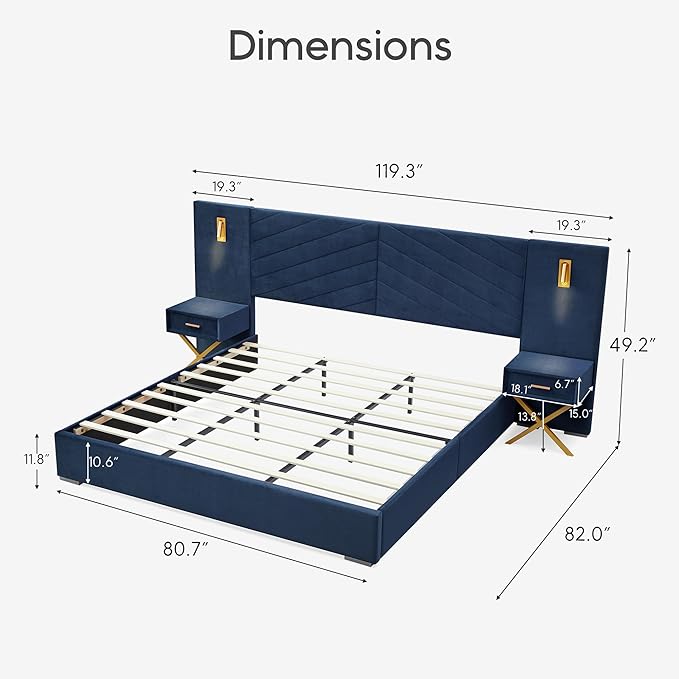 DEINPPA Luxury King Bed Frame with Built-in Gold LED Lights and Nightstands, King Size Platform Bed with Oversize Upholstered Headboard, No Box Spring Needed-Royal Blue