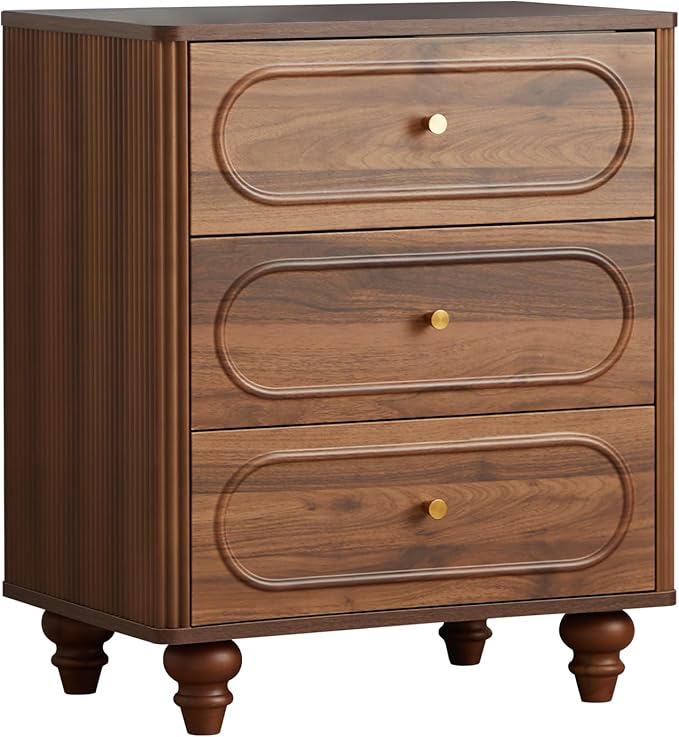 3 Drawer Fluted Dresser for Bedroom Set of 2, Mid Century Modern Chest of Drawers, Wood Storage Small Dresser Organizer for Bedroom Living Room Hallway Closet, Walnut