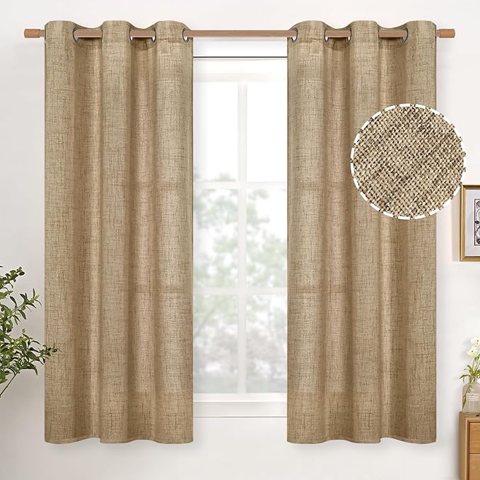 YoungsTex Burlap Linen Curtains 48 Inch Length for Short Window, Toffee Semi Sheer Drapes with Bronze Grommet Light Filtering for Kitchen Cafe Bathroom Bedroom, 2 Panels, 42 X 48 Inch