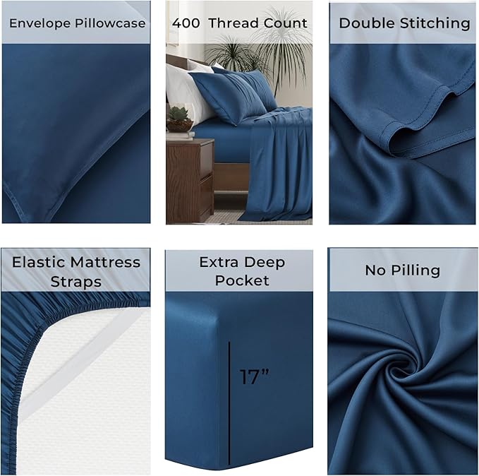 Luxury Bamboo Market | King Size Bed Sheet Set | 100% Viscose Made from Bamboo | Organically Grown | Ultra Soft | Cooling Sheets for Hot Sleepers | 17" Deep Pocket [Midnight Blue]