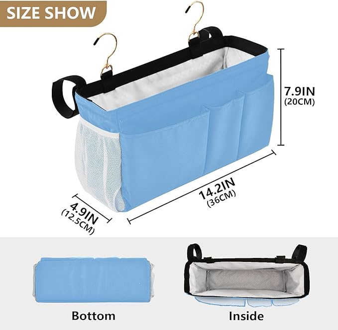 KOPIRIT Lake Blue Bedside Caddy Storage Bag Bedside Organizer for Dorm Room Top Bunk Bed Bedside Shelf Hanging Organizer 6 Pockets with Hooks for Glasses Book Tablet Holder