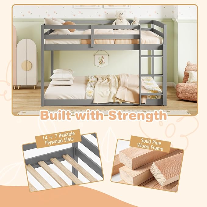 KOMFOTT Low Bunk Bed Full Over Full, Solid Wood Full Bed Frame with Built-in Ladder & Safety Guardrails, No Box Spring Needed, Space-Saving Low Bunk Bed for Kids & Teens