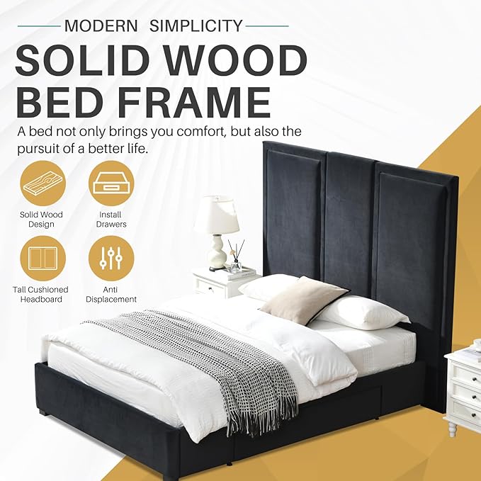 YUHUASHI Queen Size Bed Frame with 64-inch High Headboard, Simple and Airy Linen Upholstered Platform Bed with Storage Drawers, Wood Slat, No Noise (Ink Blue, Queen)