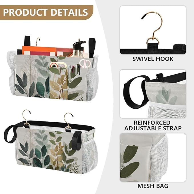 Bedside Caddy Hanging Bunk Bed Caddy Bed Organizer Hanging Pocket with 2 Hooks Bedside Storage Organizer Pocket Bag Holder Beige Boho Style Leaves