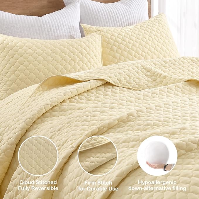 HORIMOTE HOME Quilt Twin Size Light Yellow, Lightweight Quilt for Summer Ultra-Soft Microfiber Modern Style Quilted Clouds Pattern Bedspread Quit Set 2 Pieces (1 Quilt and 1 Pillow Sham)