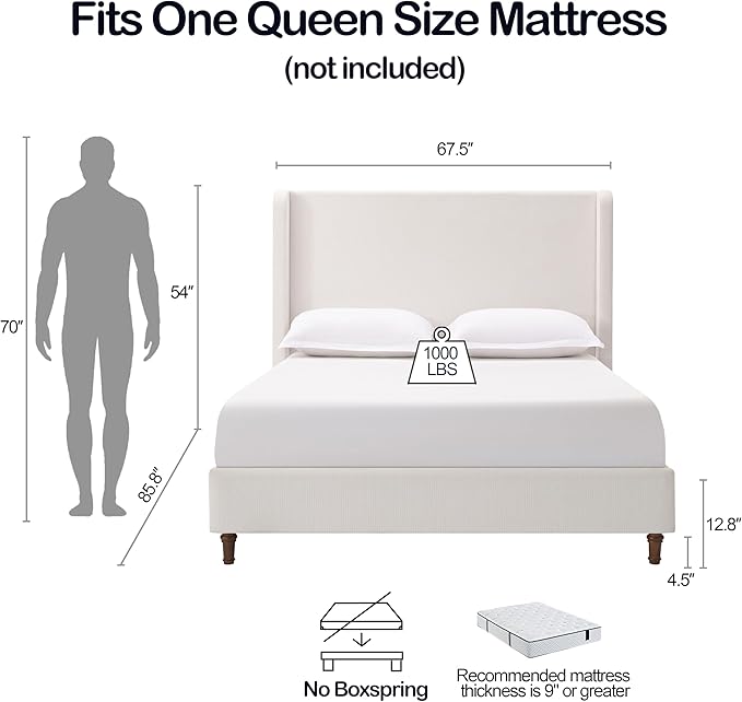 Upholstered Bed Frame with 54'' Nail Head Decorative Wing Back,Hand Buttoned Tufting Headboard Platform Bed Frame with Wooden Slats,No Box Spring Needed (Cream White, Queen)