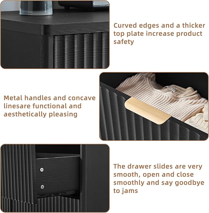 LEYAOYAO 48" Wide Fluted Dresser and 1 Drawers 23" Nightstand Set of 2, Wooden Dresser & Night Stand with Charging Station, 3 Piece Bedroom Furniture Set, Chest of Drawer for Living Room,Black