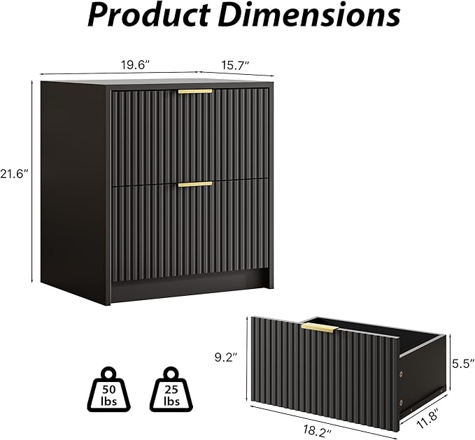3-Piece Dresser Bedroom Set, 5 Drawer Dresser & 2 Drawer Nightstands with Gold Handles, Fluted Wood Chest of Drawers for Bedroom, Living Room, Entryway, Black