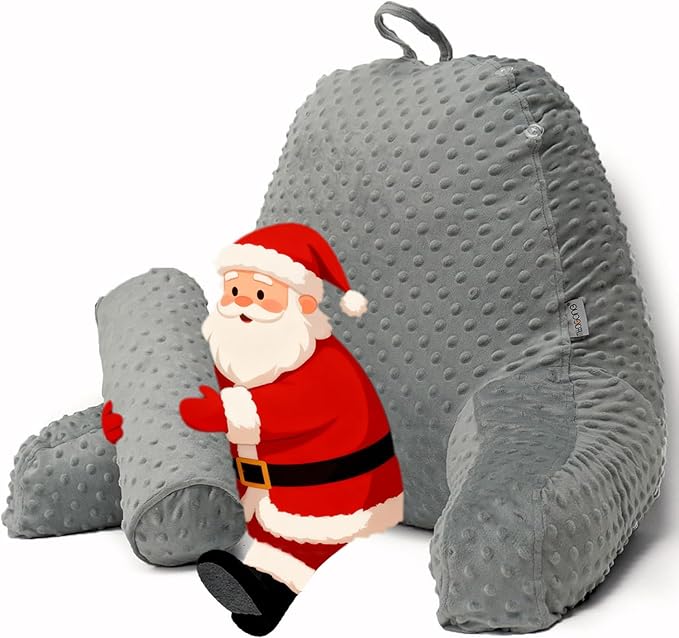 Reading Pillow for Sitting in Bed, Extra Large Backrest Support Cushion with Arms, Sit up Back Pillow Shredded Memory Foam back support Chair Pillow, Bed Rest Pillows with pocket, Detachable Neck Roll