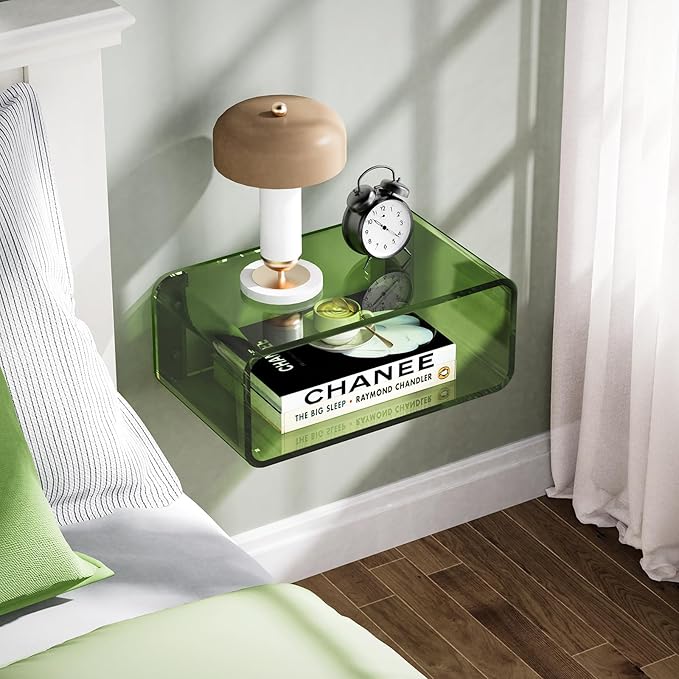 Acrylic Floating Nightstand, Bedside Table, Nightstand Shelf Wall Mounted Bedside Shelf (Green, Small)