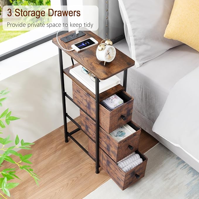 LOAKEKEL Narrow End Table Living Room with Charging Station, Skinny Side Table with Fabric Drawers, Slim Nightstand for Bedroom, Small Spaces, Couch, Rustic Brown, HETNDP03PBR-1