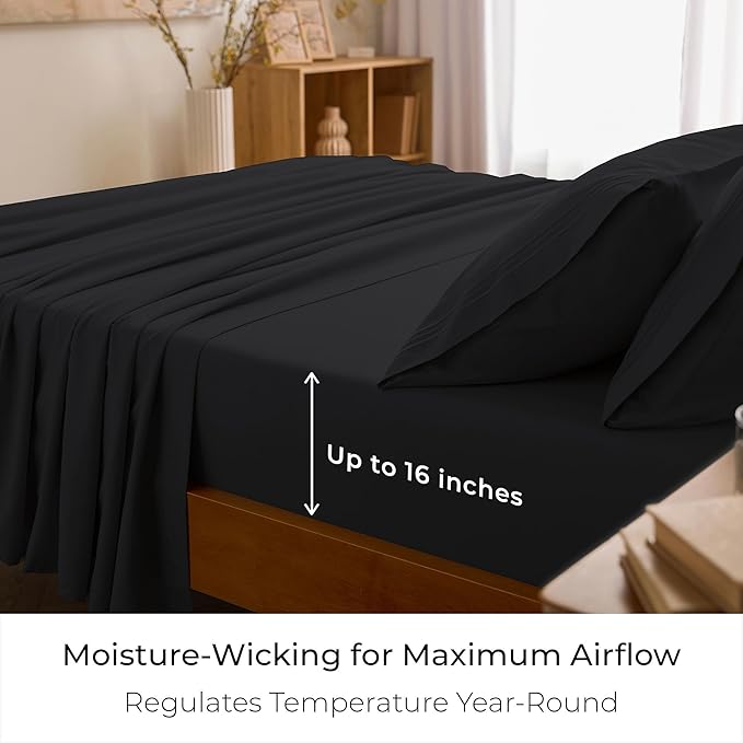Mellanni Queen Sheet Set - 6-Piece Iconic Collection Bedding, (Including 4 Pillowcases), 16-Inch Deep Pocket, Easy Care, Extra Soft, Cooling Sheets, Brushed Microfiber - Black