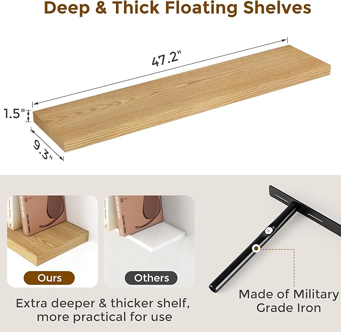 Fun Memories Farmhouse Floating Shelves for Wall, 48 x 9.3 Large Floating Shelf Wall Mounted, Rustic Wood Shelves for Bathroom, Kitchen, Living, Heavy-Duty Storage Deep Shelf for Books, Decor, Oak