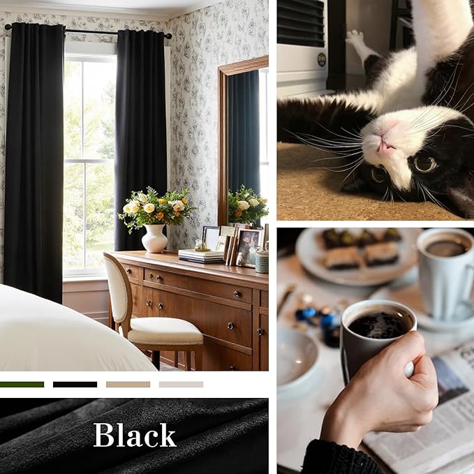Lazzzy Velvet Blackout Curtains Thermal Insulated Room Window Drapes Super Soft Luxury Curtains for Living Room Bedroom Rod Pocket 2 Panels, Black, 52" W x 96" L