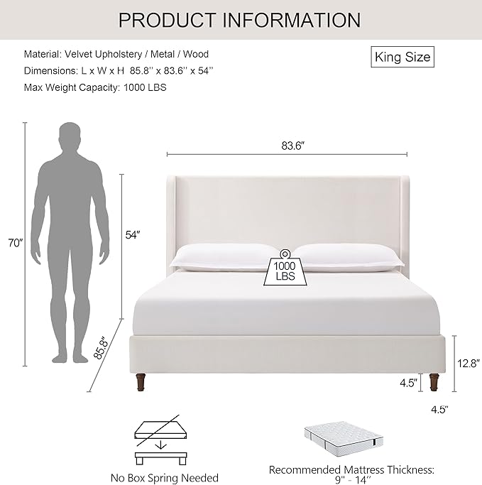 Harper 54" Extra-Tall Headboard Bed Frame - Modern Wingback Upholstered Platform Bed, 1000lbs Heavy Duty Support, Textured Chenille, No Box Spring Needed (Cream White King U.S. Standard)