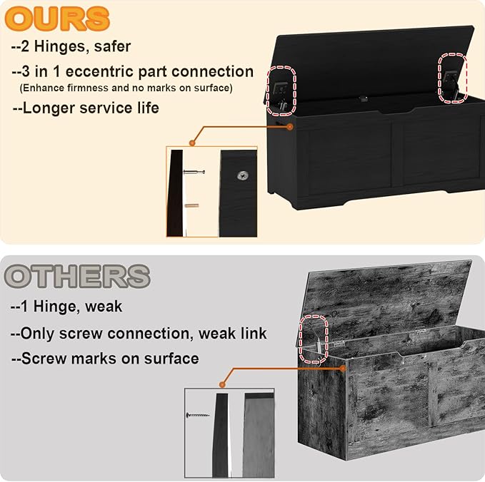 Timberer 39.4" Storage Chest, Wooden Storage Bench, Lift Top Toy Chest with 2 Safety Hinges, Large Toy Box, Entryway Bench for Living Room, Bedroom, Black