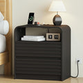 24" Wide Modern Fluted Nightstand with Charging Station, Wood Bedside Table with 2 Storage Drawers, Mid Century End Table Nigthstand with Curved Profile for Bedroom, Living Room, Black