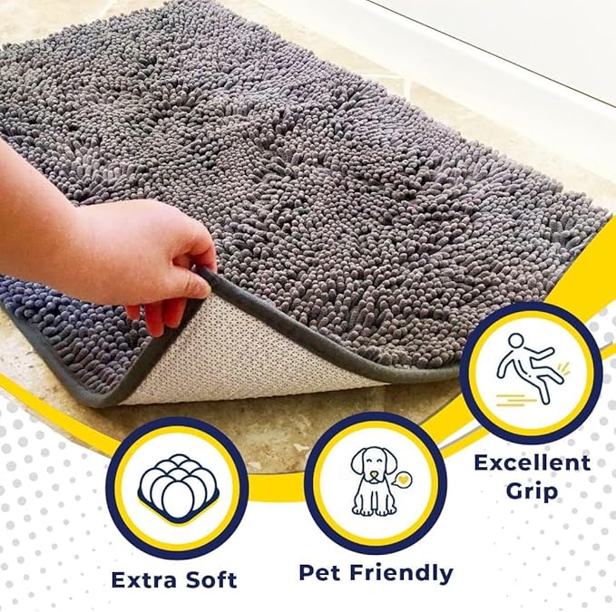 Muddy Mat® AS-SEEN-ON-TV Highly Absorbent Microfiber Door Mat and Pet Rug, Non Slip Thick Washable Area and Bath Mat Soft Chenille for Kitchen Bathroom Bedroom Indoor and Outdoor - Grey 6ft x 9ft