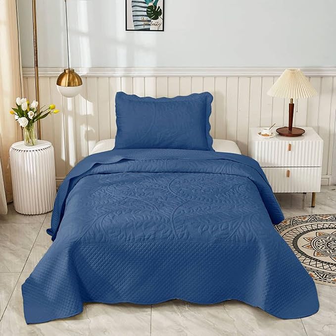 MarCielo 3-Piece 100% Cotton Oversized Bedspread Lightweight Quilt Coverlet Embroidery Farmhouse Bedding Set T0 (Midtone Blue, Twin (68"x86"))