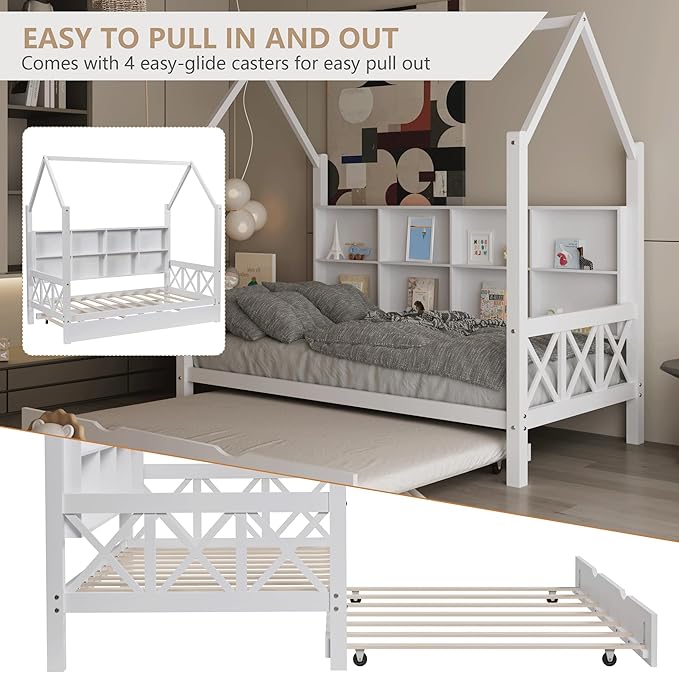Twin House Bed for Kids with Trundle and Storage Shelves, Montessori Bed with Guardrails and Wood Slats, Platform Bed with Headboard for Boys Girls, 74.4" L x 40.2" W x 71" H, White