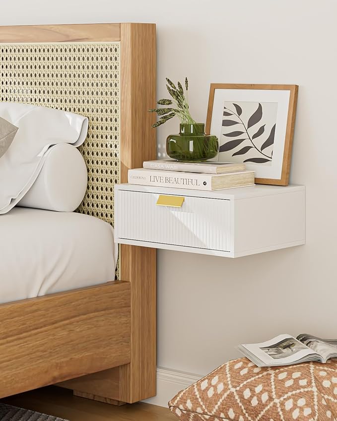 Floating Nightstand, Floating Shelf with Drawer, Wall Mounted Nightstand, Floating Bedside Table (White Stripe)
