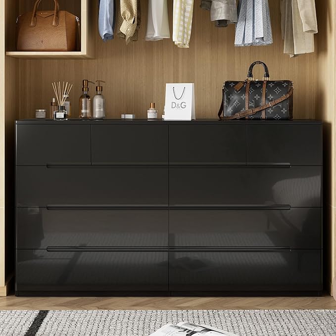 10 Drawer Black Dresser for Bedroom, 55" Long Dresser Chest of Drawers,Large High Gloss Modern Storage Cabinet with Big Drawers Handle Free,Living Room, Entryway, Hallway
