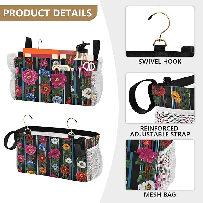 Bedside Caddy Hanging Bunk Bed Caddy Bed Organizer Hanging Pocket with 2 Hooks Bedside Storage Organizer Pocket Bag Holder Mexican Flowers Stripe