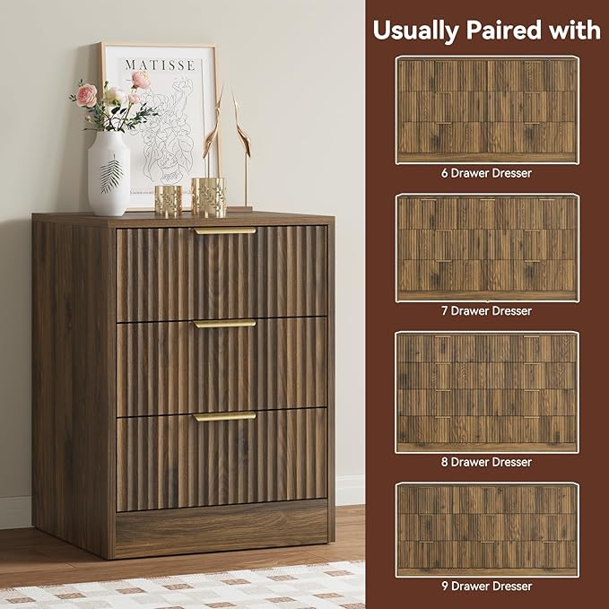 Walnut Dresser & Nightstand Set 3-Piece, 6 Drawer Dresser and Night Stand Set of 2 with Metal Handle, Modern Wood Chest of Drawers Storage Dressers Set for Bedroom, Walnut