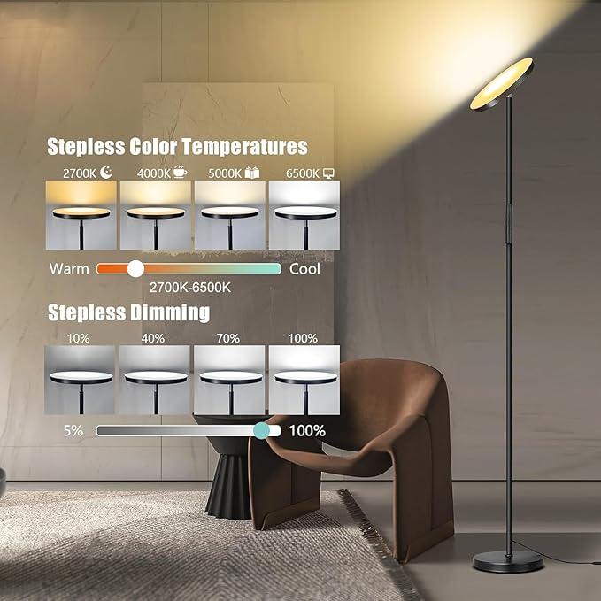 Floor Lamp, Upgraded 40W 4000LM Super Bright Torchiere LED Floor Lamps for Living Room, Stepless Dimmable Color Temperature 2700K-6500K with Remote & Touch Control, Standing Light for Bedroom Office