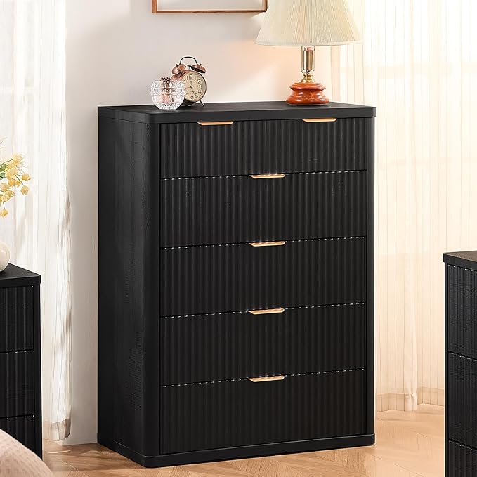 LEYAOYAO Fluted Dressers & Nightstand Set of 3, Wood 48" Wide Dresser & 42" Tall Chest of Drawers,Modern Bedroom Furniture Sets, Black Wooden Nightstand with 3 Drawers & Charging Station