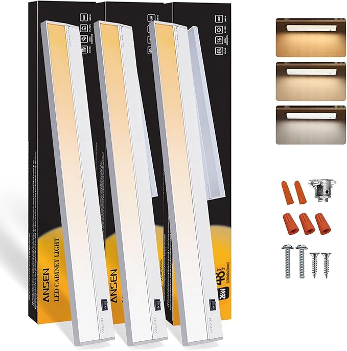 Ansen 3Packs of Under Cabinet Lights for Kitchen, 48in 26W 1720LM, Dimmable Hardwire Led Light for Closet, CRI>92, R9>90, 3 Color Temperature, 3000K/4000K/5000K(Warm White, Cool White, Daylight)