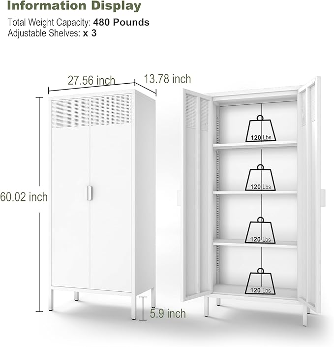 COFaR 4 Tier Black Metal Storage Cabinet, Free Standing with 2 Doors, 3 Adjustable Shelves and Legs, Cupboard Metal Cabinet for Living Room, Kitchen, Dining Room, Office