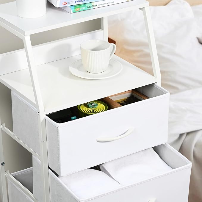 Dresser with 4 Drawers, Fabric Storage Tower for Bedroom, White Clothes Storage Drawers, Vertical Closet Organizer for Kids Room, Entryway, Nightstand Bedside Table, Sturdy Steel Frame & Wooden Top