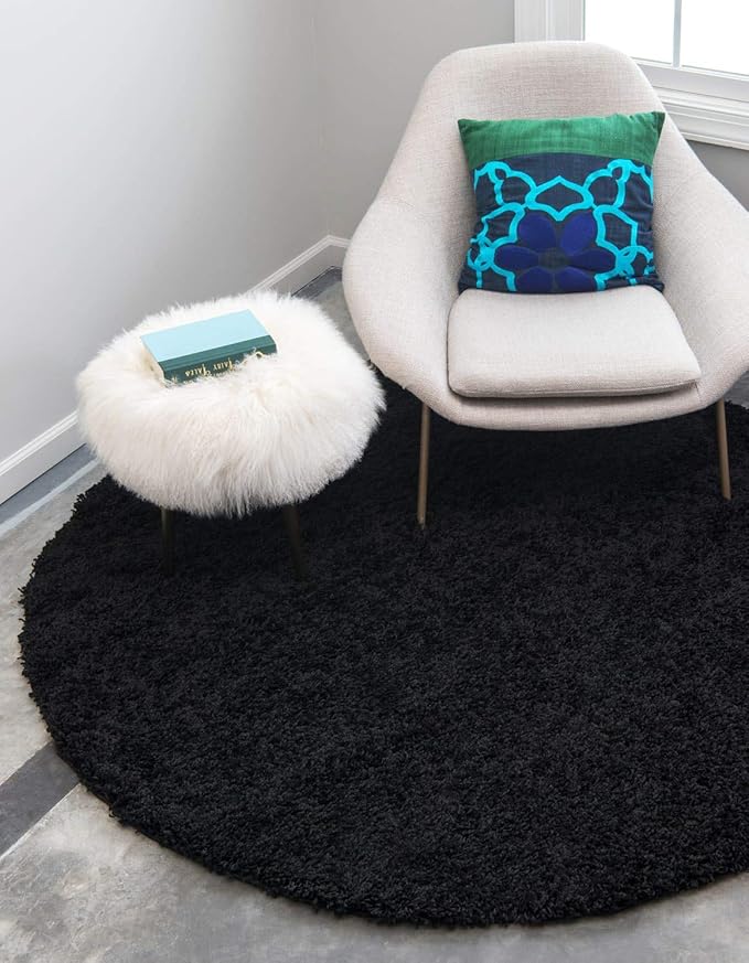 Unique Loom Solid Shag Collection Area Rug (7' 10" Round, Jet Black)