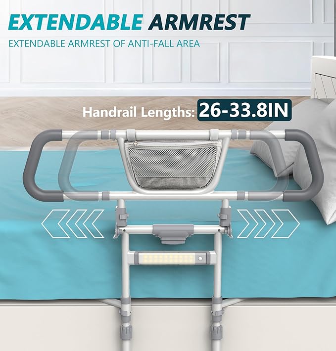 Packve Foldable Bed Rails for Elderly Adults Safety - Bed Side Assist Rail for Seniors with Extendable Guard Rails & Storage Bag, Adjustable Height Bedrails for Queen King Full Size Bed