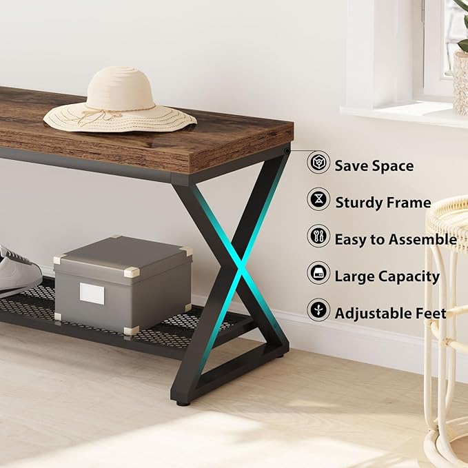 LVB Rustic Entryway Bench, 47” Shoe Bench with Storage for Entry Way, Industrial Shoe Rack Bench with Seating for Foyer Entrance, Farmhouse Wood Bench for Hallway Living Room Bedroom, Rustic Brown