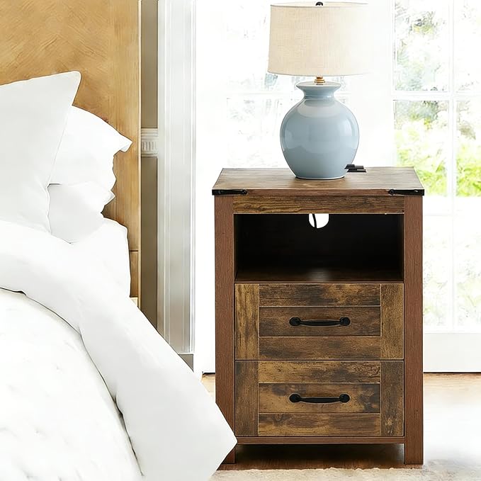 Puntogen Brown Night Stand, Rustic End Table with Charging Station, Farmhouse Tall Nightstand for Bedroom, Drawer Dresser Bedside Table with Open Storage Shelf