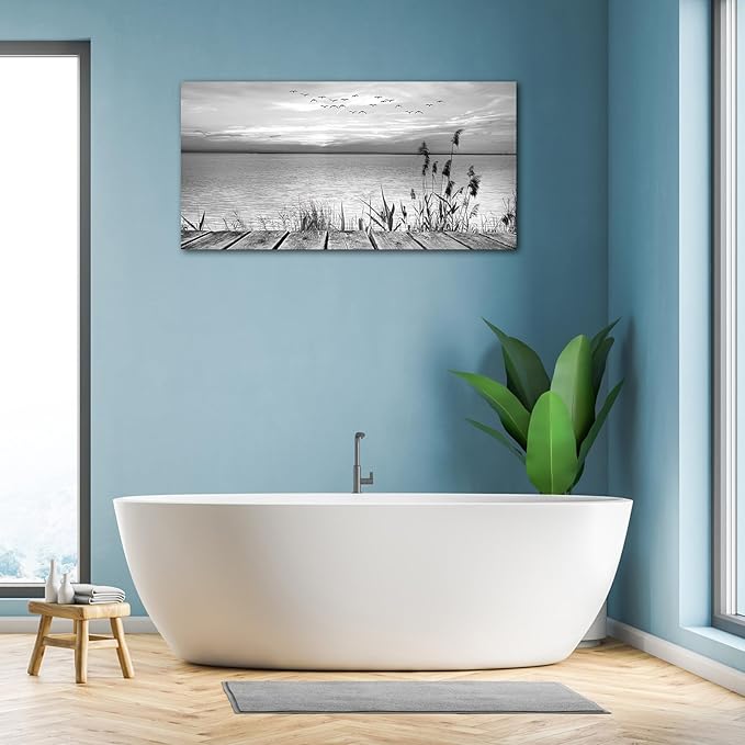 yearainn Black and White Canvas Wall Art Sunset Lake with Flying Birds Pictures for Wall Decor Nature Landscape Canvas Painting Artwork for Living Room Bedroom Home Office Wall Decoration 20" x 40"