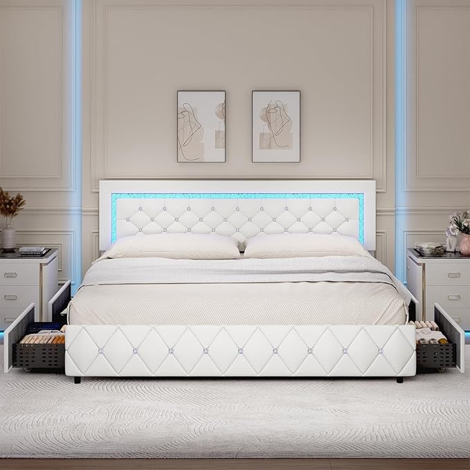 BarnFurin King Size Bed Frame with LED Lights and Storage Drawers, Upholstered Platform Bed with Diamond Tufted Headboard, Wooden Slats Support, No Box Spring Needed, Easy Assembly, White