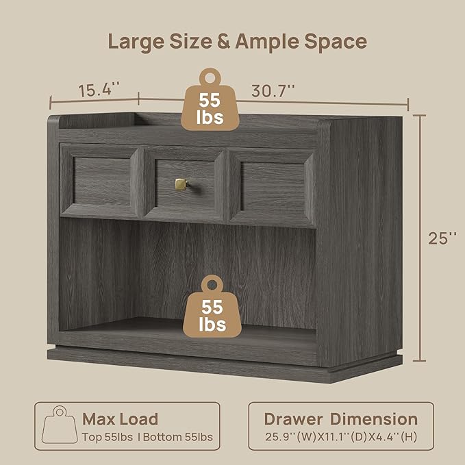 SICOTAS 31" Wide Nightstands Set of 2, Large Night Stands with Drawer, Oversized King Size Nightstand Bedside Table for Bedroom, Farmhouse End Side Table Set of 2 (Dark Grey Oak, 31-Inch)
