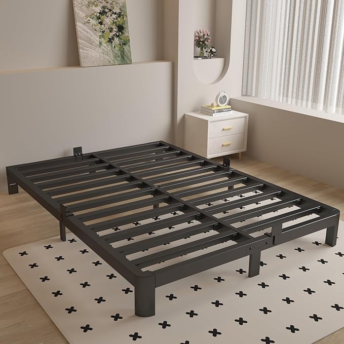 King Size Bed Frame 4 Inch Black, Metal King Bed Frame with Baffles, No Box Spring Needed, Heavy Duty Steel Platform Support, Rounded Corner Legs, Reserved Holes, Noise Free, Easy Assembly