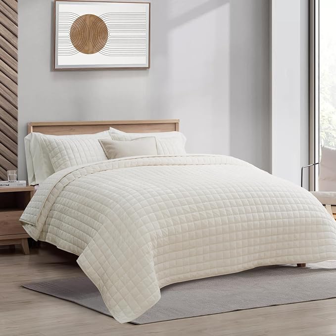 RECYCO Luxury Velvet Quilt Set Twin/Twin XL Size, Lightweight Velvet Comforter Set, Oversized Bedspread Coverlet Quilted Bedding Set, with 1 Matching Pillow Sham, for All Season, Cream White